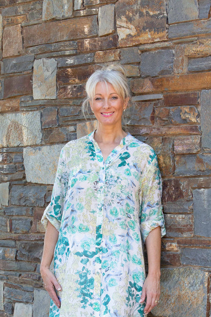 Soft Gorgeous Floral print Tab Sleeve Overshirt #3559  Green