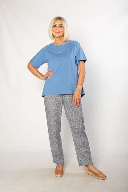 Print pants with slant pockets and Elastic waist #6282 Blue