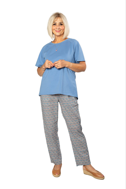 Print pants with slant pockets and Elastic waist #6282 Blue