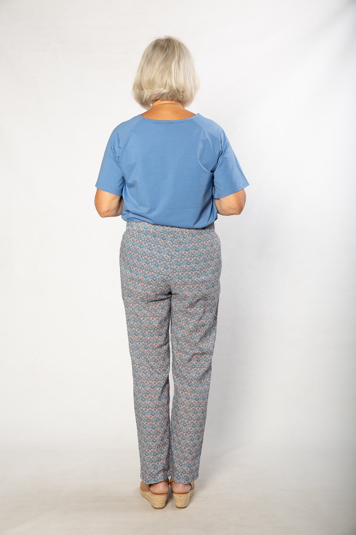 Print pants with slant pockets and Elastic waist #6282 Blue