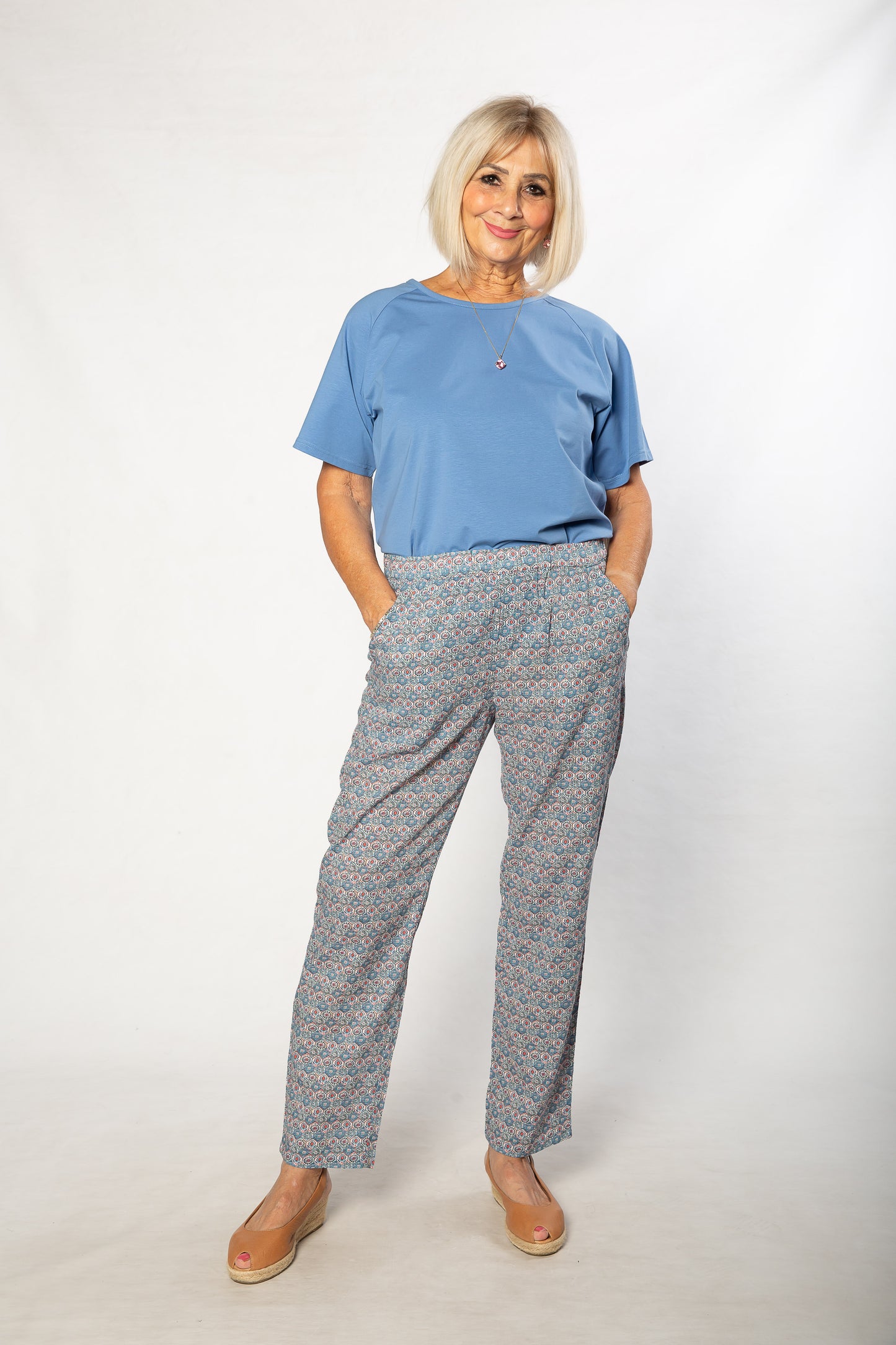 Print pants with slant pockets and Elastic waist #6282 Blue