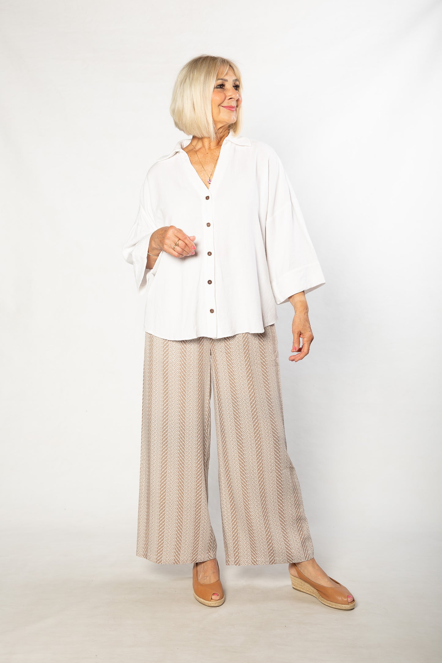 Herringbone Print Wide Leg Pant with Pockets #6659 - Natural