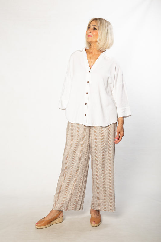 Herringbone Print Wide Leg Pant with Pockets #6659 - Natural