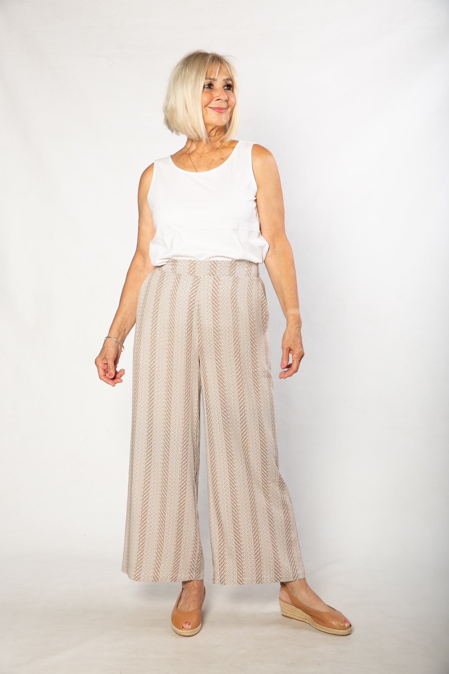 Herringbone Print Wide Leg Pant with Pockets #6659 - Natural