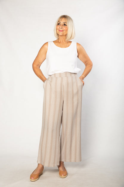 Herringbone Print Wide Leg Pant with Pockets #6659 - Natural