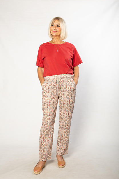 Pure Cotton Print pants with slant pockets and Elastic waist #6403 Diamond