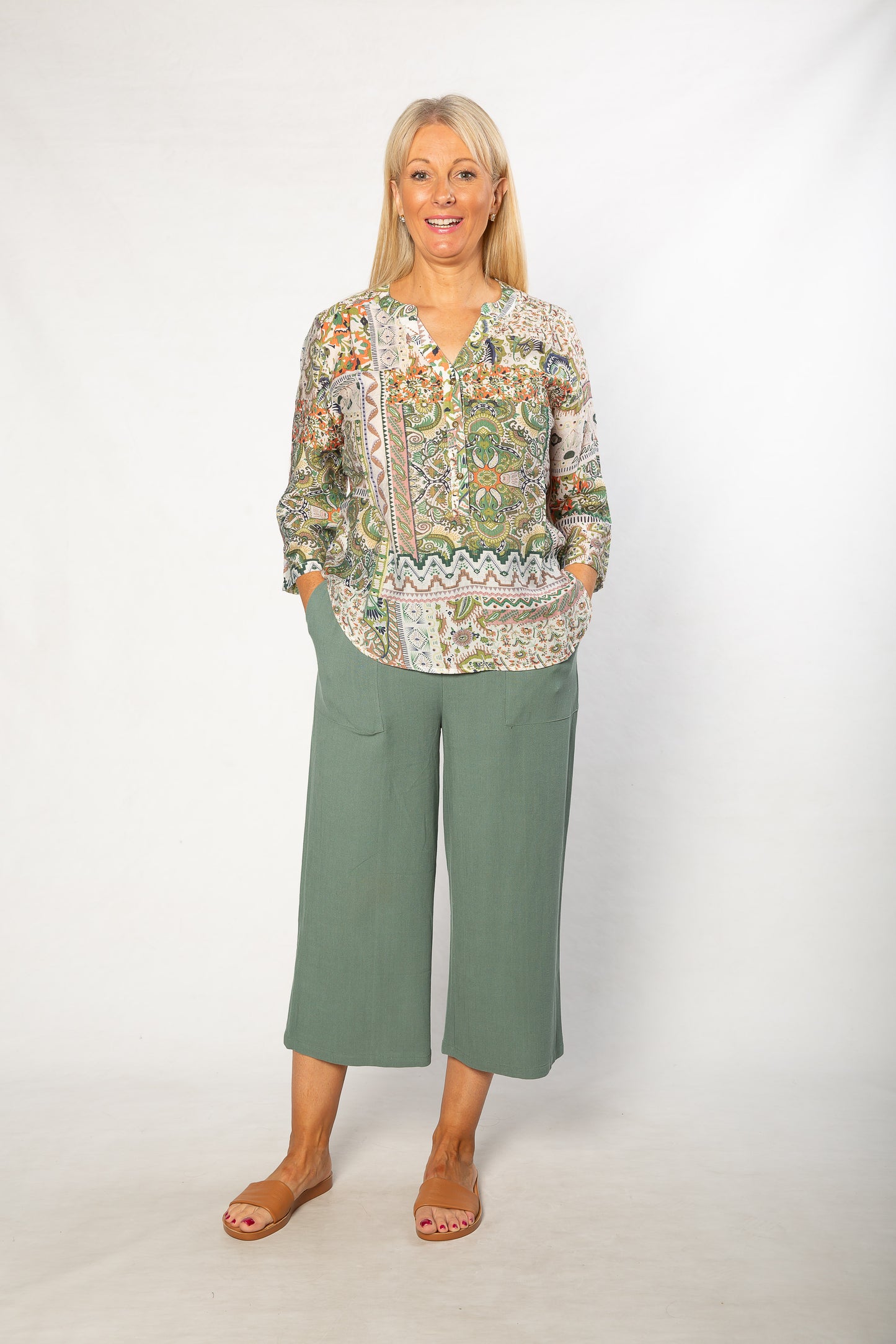Mediterranean Print 3/4 Sleeve Henley Shirt 506 Green
