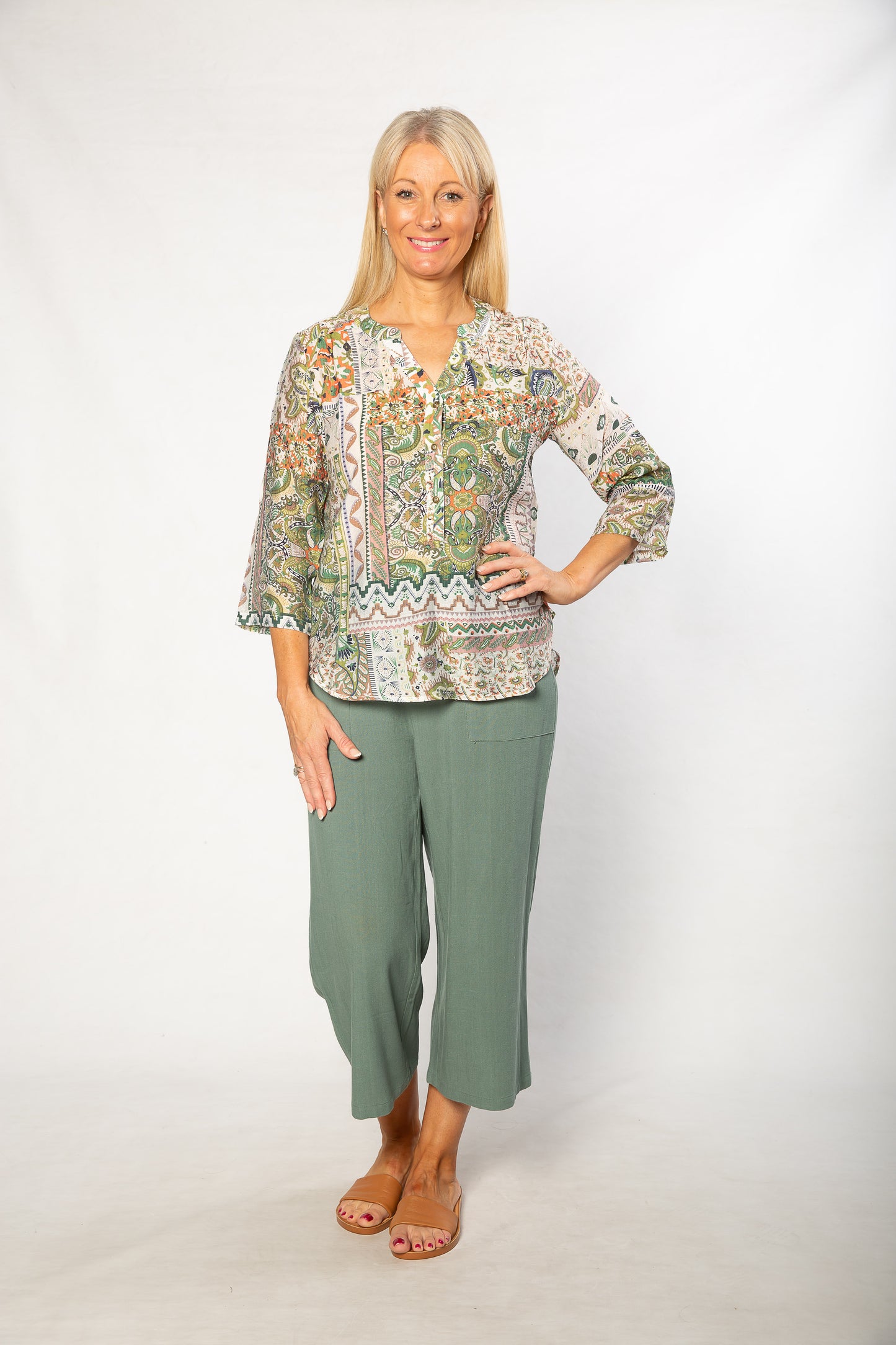 Mediterranean Print 3/4 Sleeve Henley Shirt 506 Green