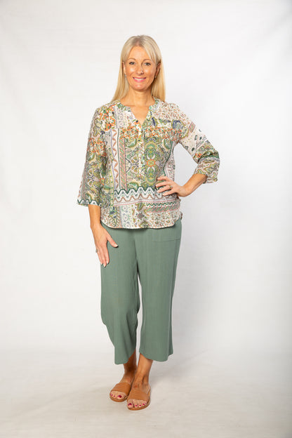 Mediterranean Print 3/4 Sleeve Henley Shirt 506 Green