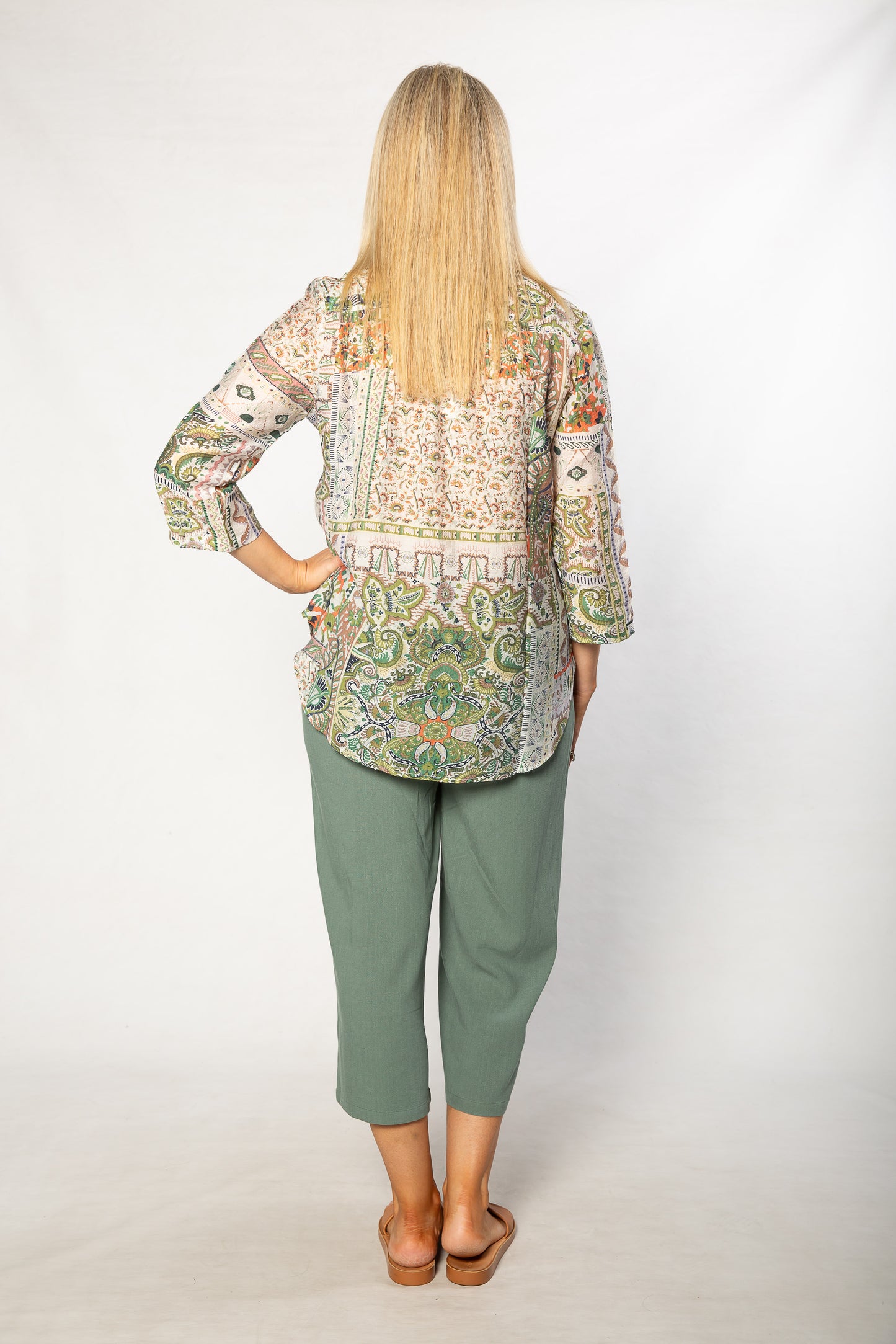 Mediterranean Print 3/4 Sleeve Henley Shirt 506 Green