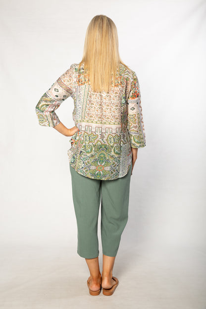Mediterranean Print 3/4 Sleeve Henley Shirt 506 Green