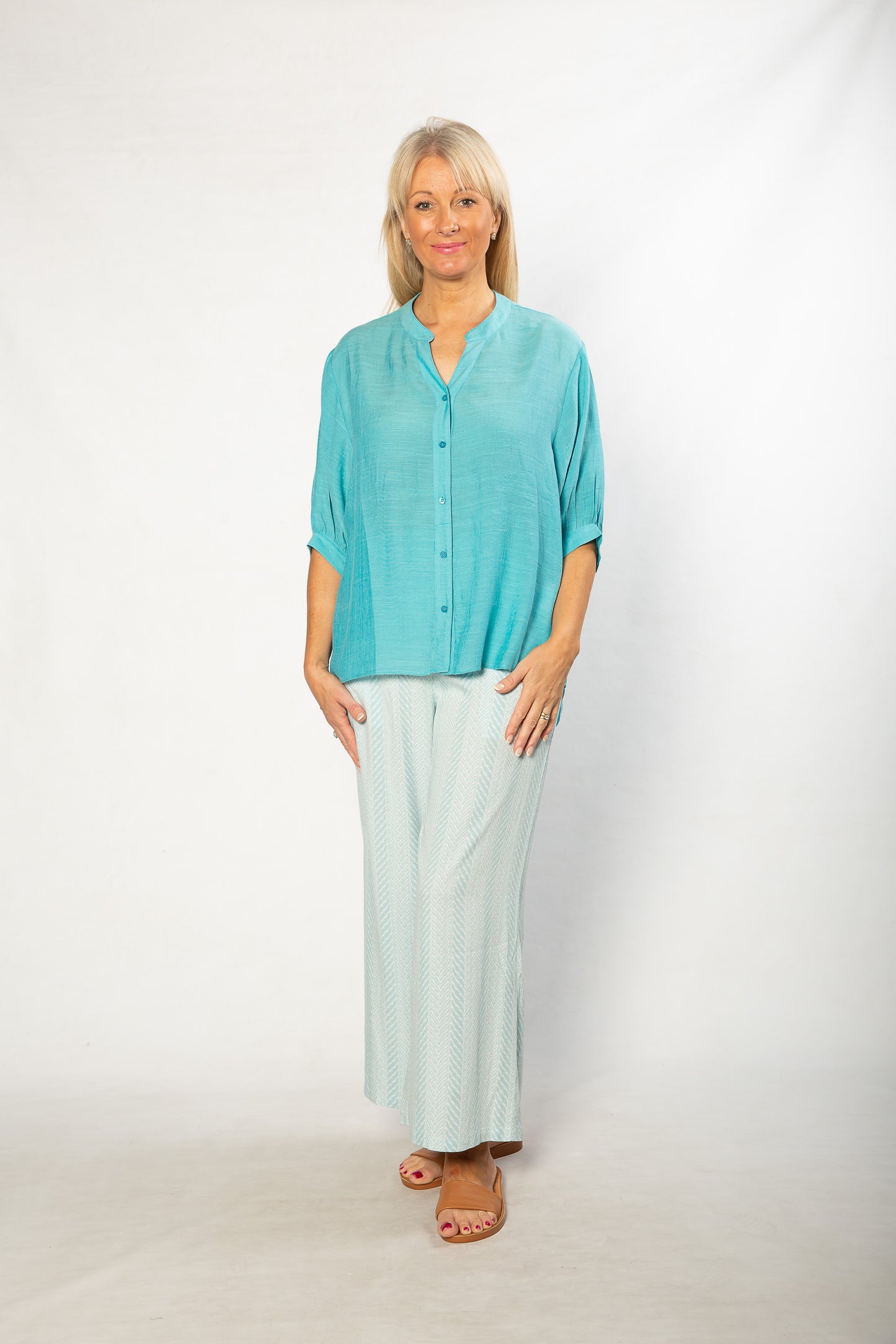 Hi-Low Hem Drop Neck Half sleeve bouse #3562 Blue