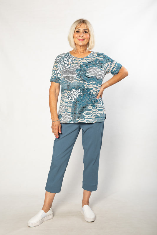 Printed Stretch Short Sleeve T-Shirt #159 - Teal/Sand