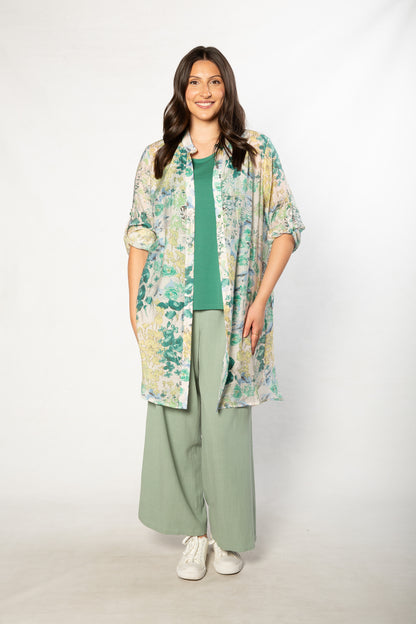 Soft Gorgeous Floral print Tab Sleeve Overshirt #3559  Green