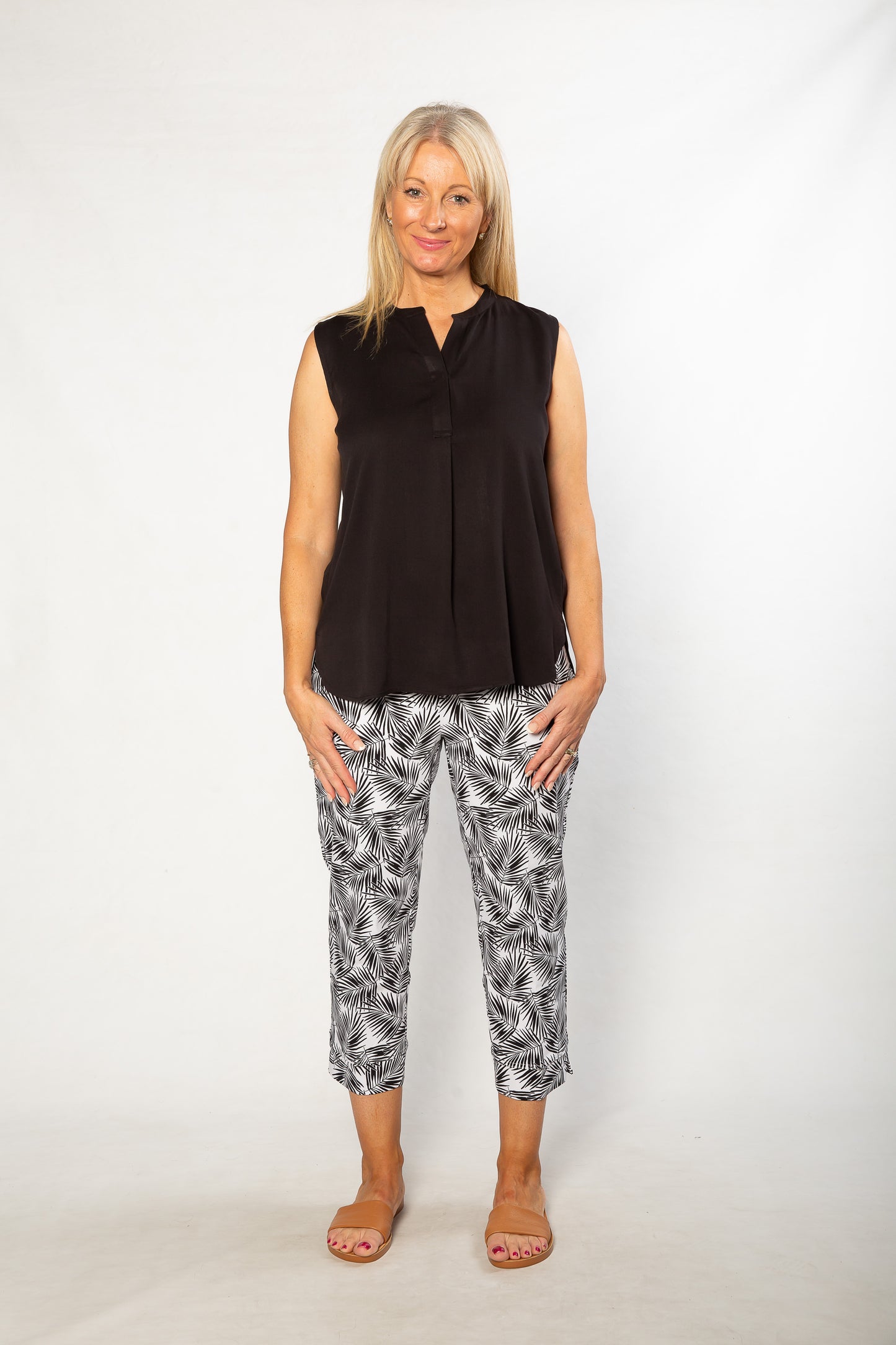 Drop Neck Front Pleat Sleeveless Pop-over Top - #384 Black