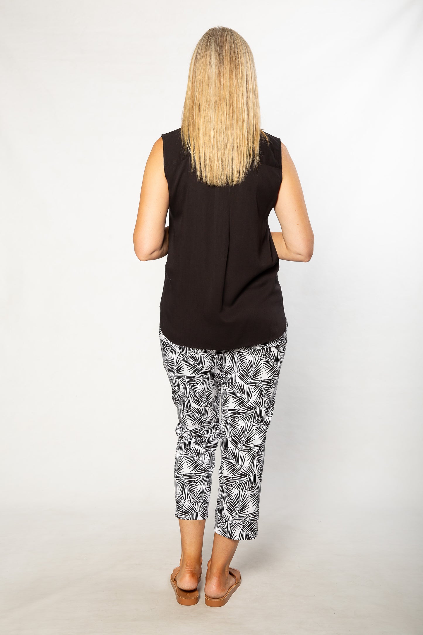 Drop Neck Front Pleat Sleeveless Pop-over Top - #384 Black