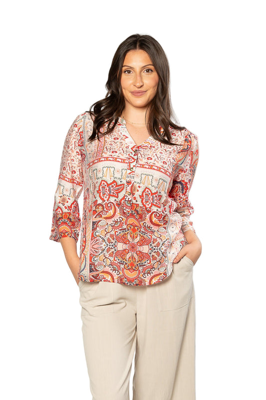 Mediterranean Print 3/4 Sleeve Henley Shirt 506 Red