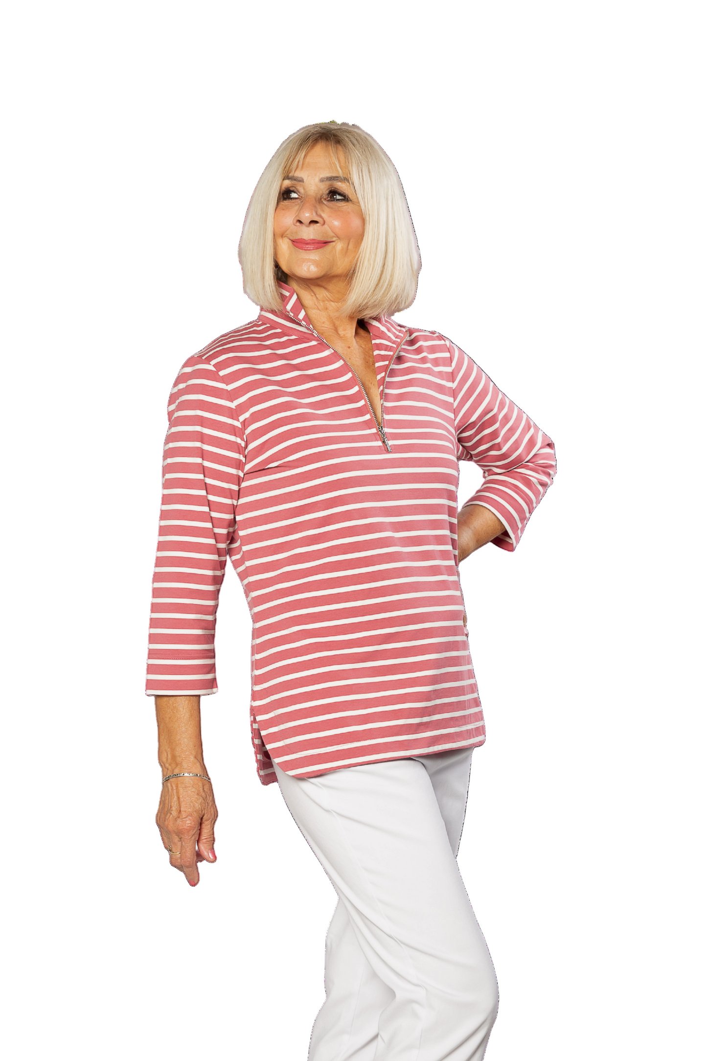 Woman wearing a red and white striped shirt with white pants on a white background