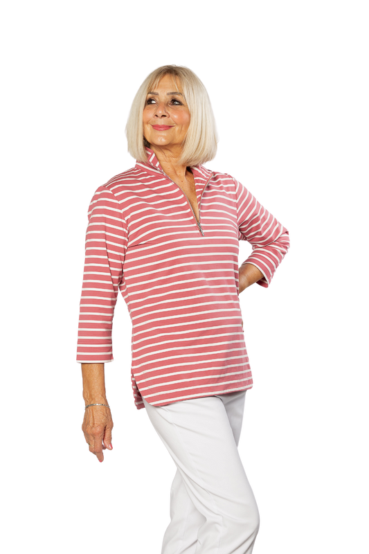 Half-zip Yarn dyed Stripe Polo Top #232 - Pink