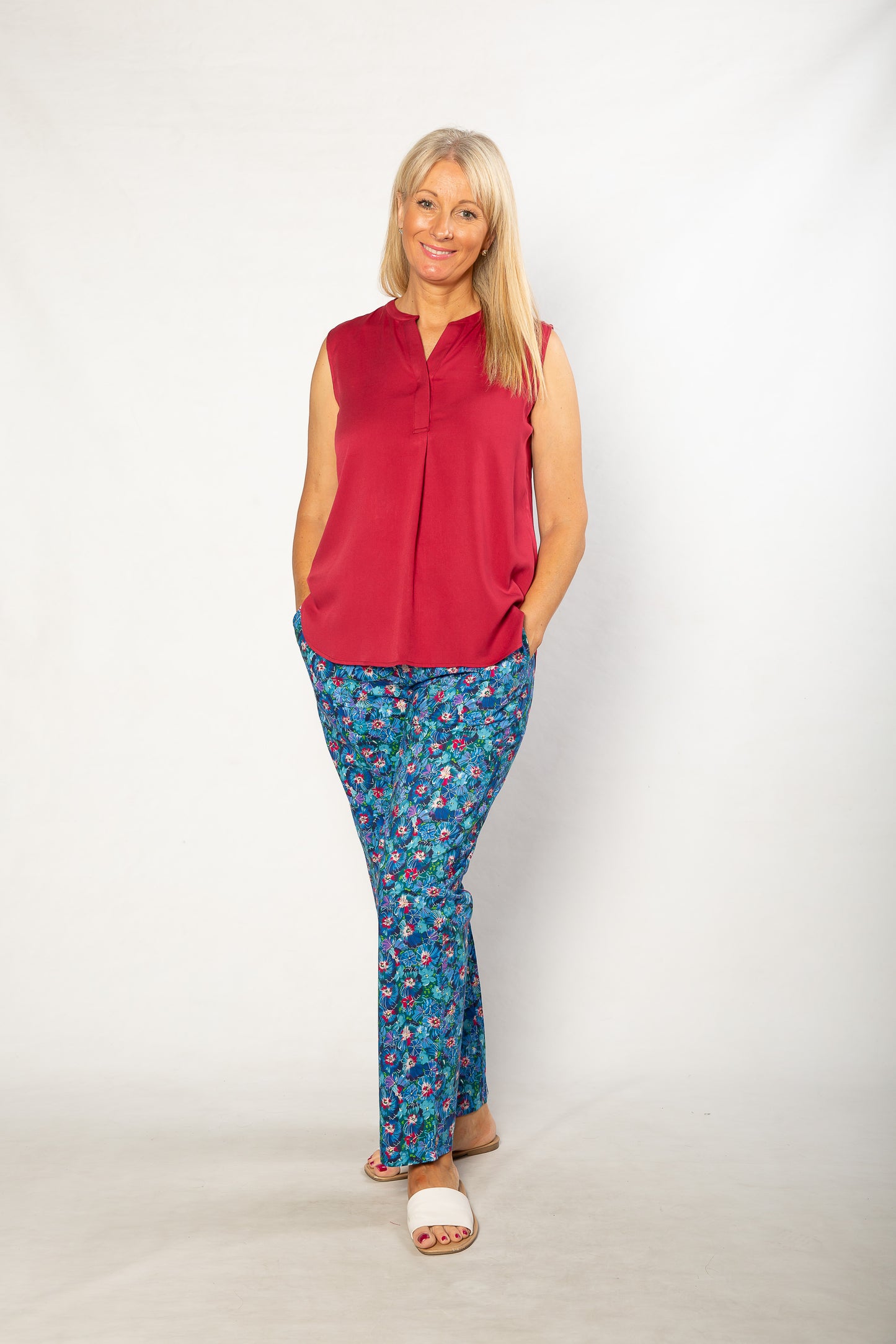 Drop Neck Front Pleat Sleeveless Pop-over Top - #384 Cherry