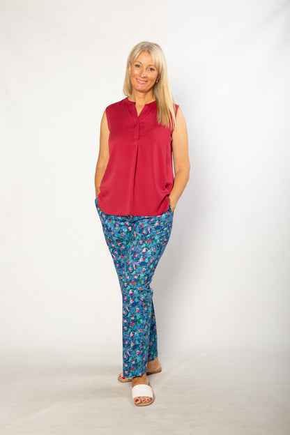 Drop Neck Front Pleat Sleeveless Pop-over Top - #384 Cherry