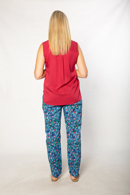 Drop Neck Front Pleat Sleeveless Pop-over Top - #384 Cherry