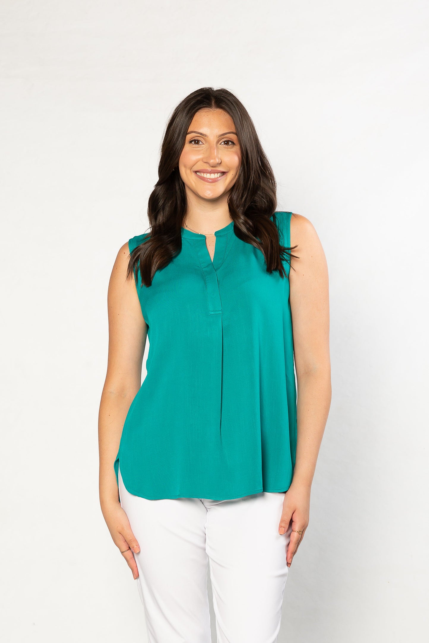 Drop Neck Front Pleat Sleeveless Pop-over Top - #384 Emerald
