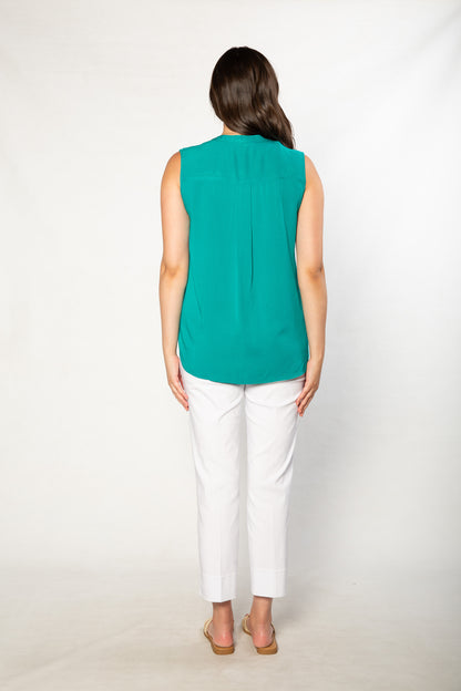 Drop Neck Front Pleat Sleeveless Pop-over Top - #384 Emerald