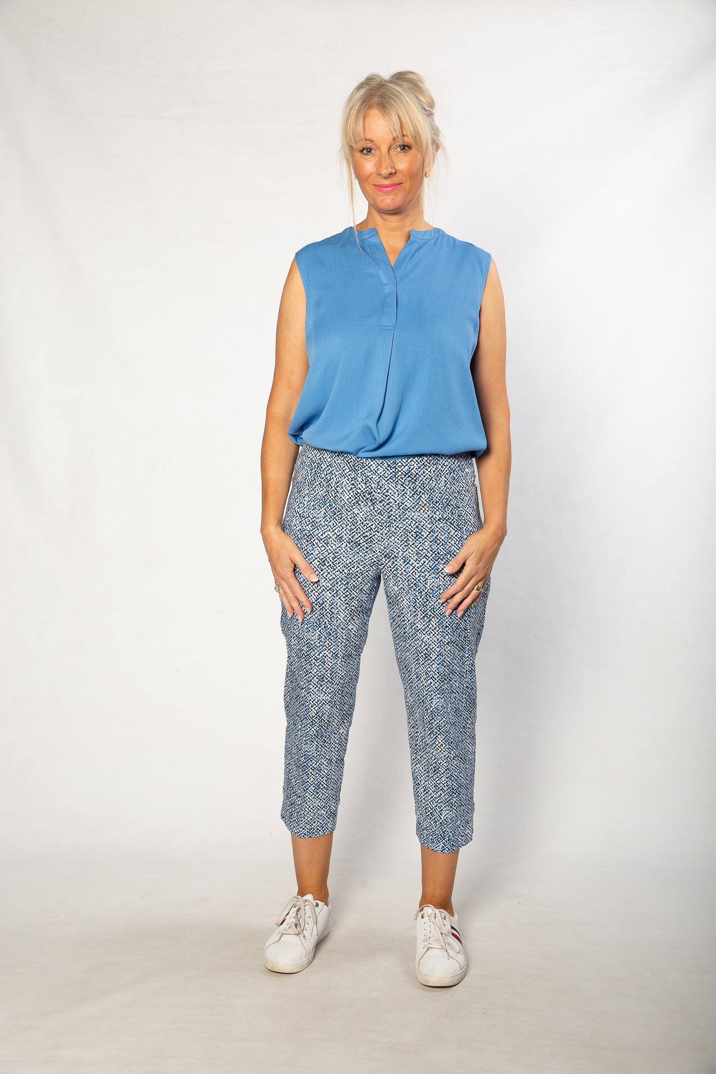 Drop Neck Front Pleat Sleeveless Pop-over Top - #384 Blue