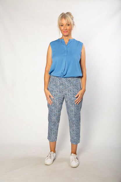 Drop Neck Front Pleat Sleeveless Pop-over Top - #384 Blue