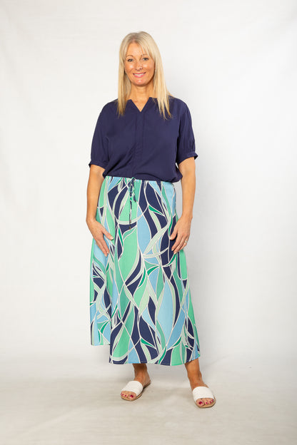 Soft Tencel Blend Pop Over Top with Fagotting Detail #515 Navy