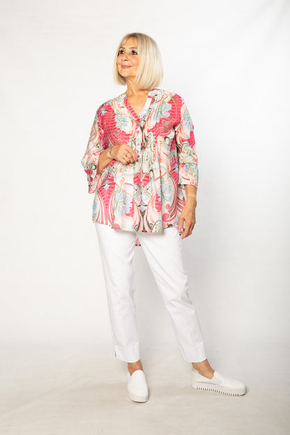 Bell Cuff Floral Print 3/4 sleeve Shirt #3781 Cherry