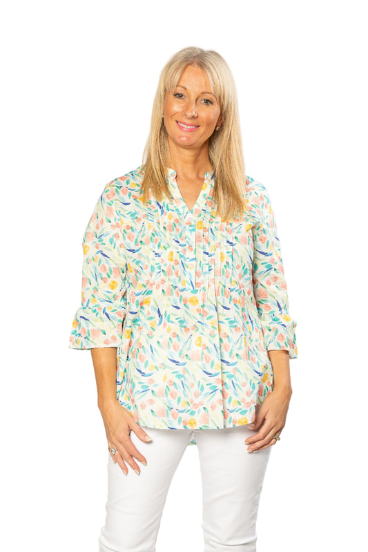 Pure Cotton Bell Cuff Floral Print 3/4 sleeve Shirt #3830 Multi