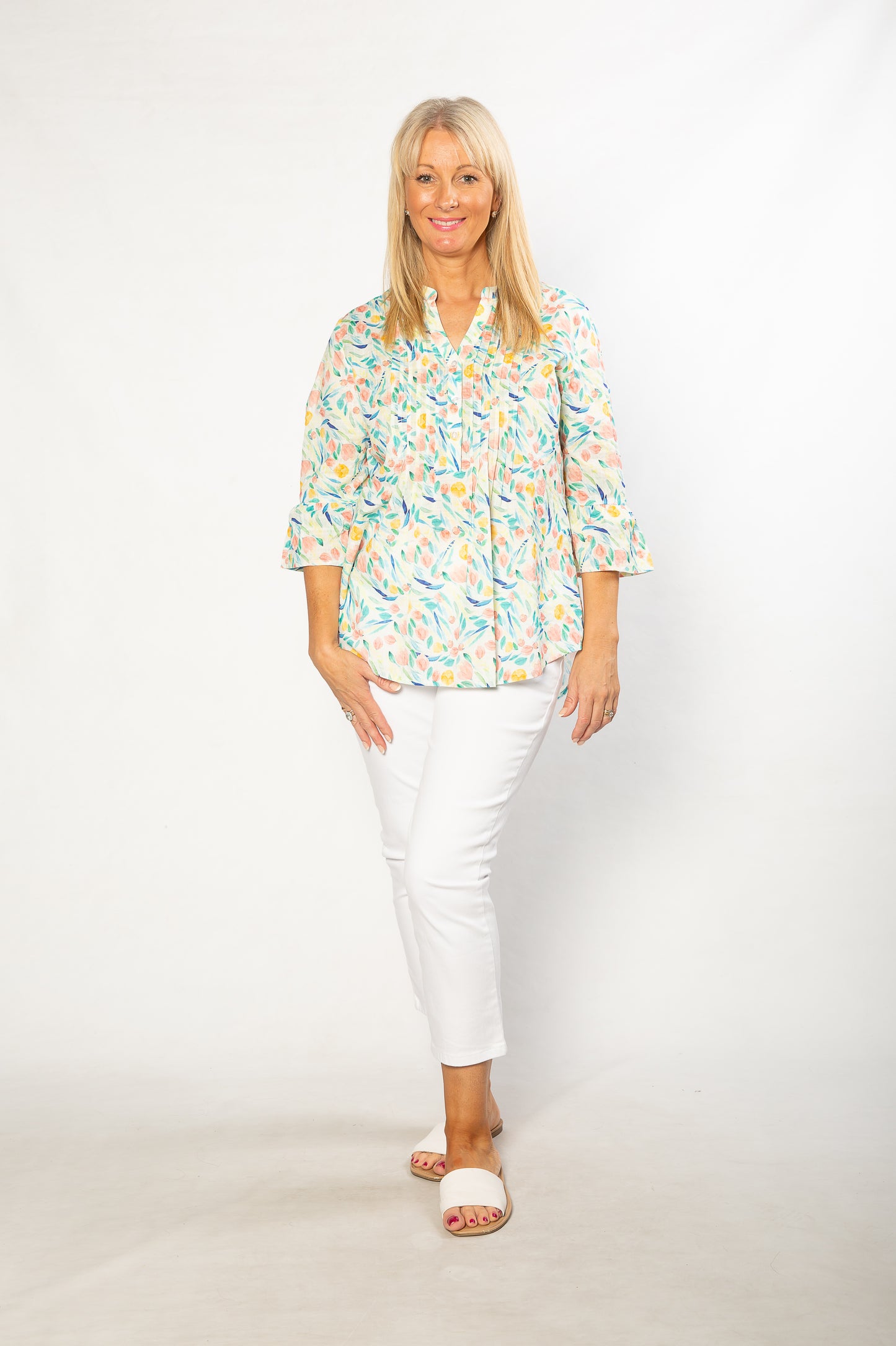 Pure Cotton Bell Cuff Floral Print 3/4 sleeve Shirt #3830 Multi