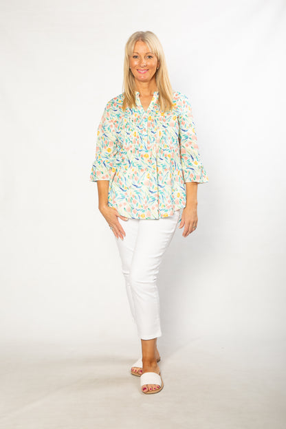 Pure Cotton Bell Cuff Floral Print 3/4 sleeve Shirt #3830 Multi