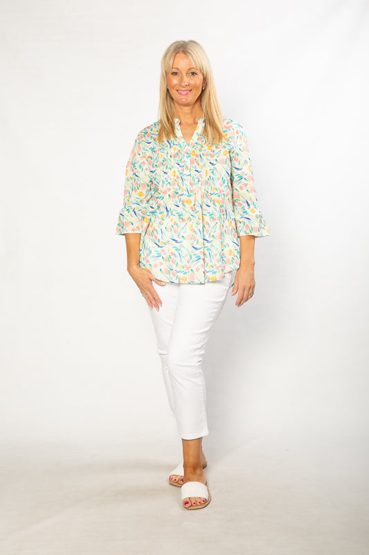 Pure Cotton Bell Cuff Floral Print 3/4 sleeve Shirt #3830 Multi