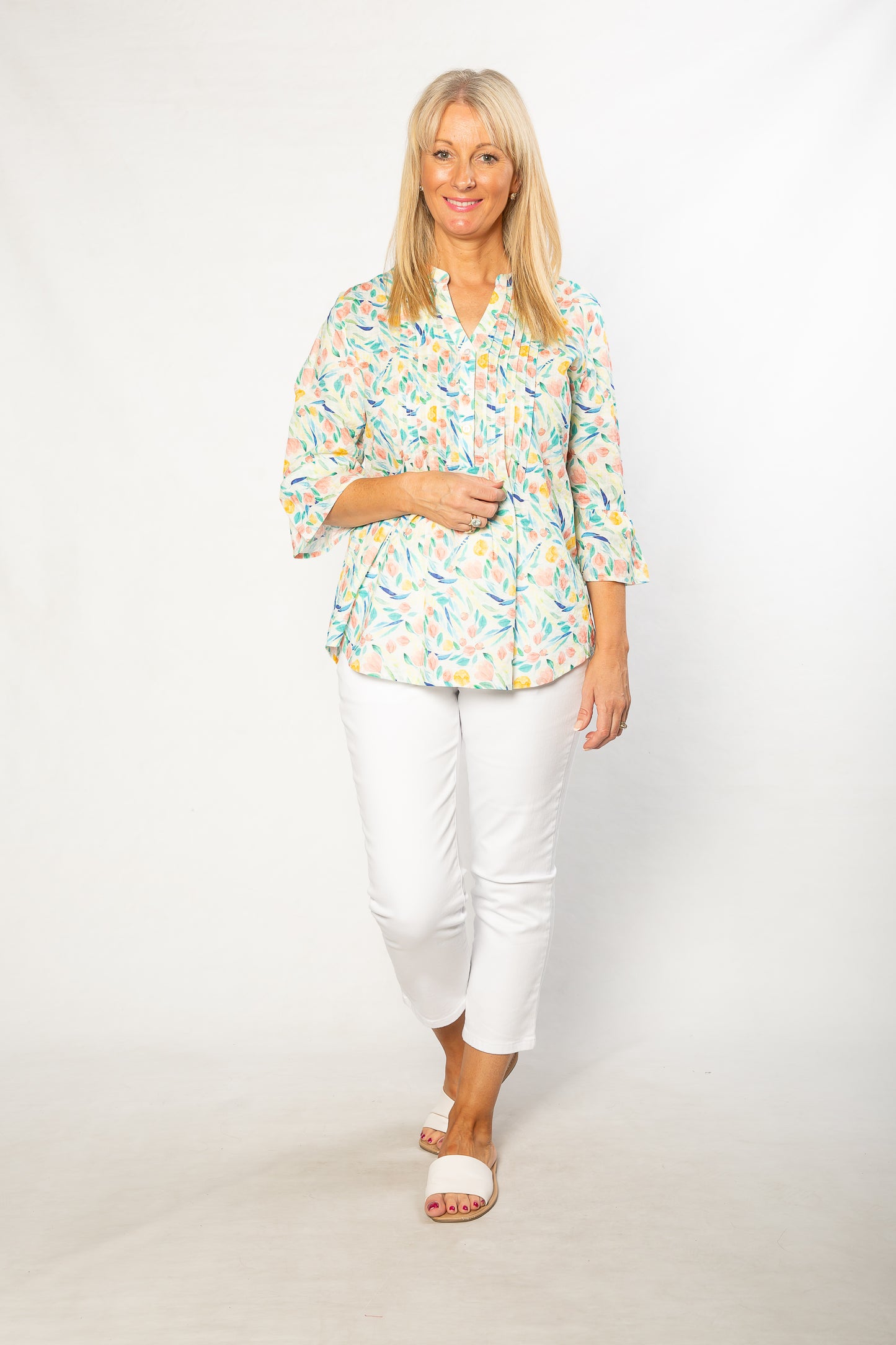 Pure Cotton Bell Cuff Floral Print 3/4 sleeve Shirt #3830 Multi