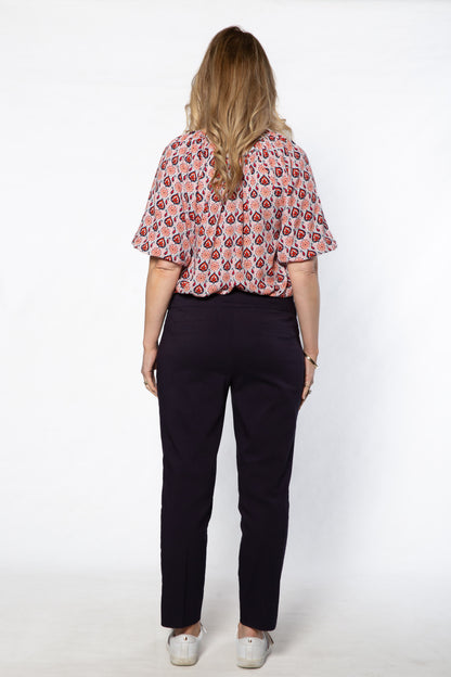 Raglan sleeve round neck print top with tie front opening 583 Multi