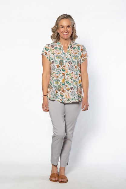 Mandarin Collar Cap Sleeve Pop-over Printed Top - 327 Multi