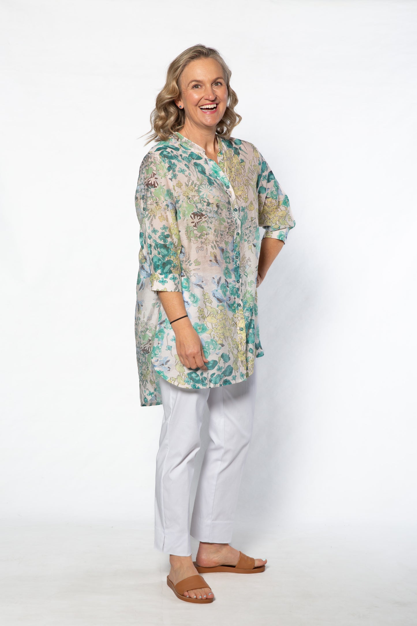 Soft Gorgeous Floral print Tab Sleeve Overshirt #3559  Green