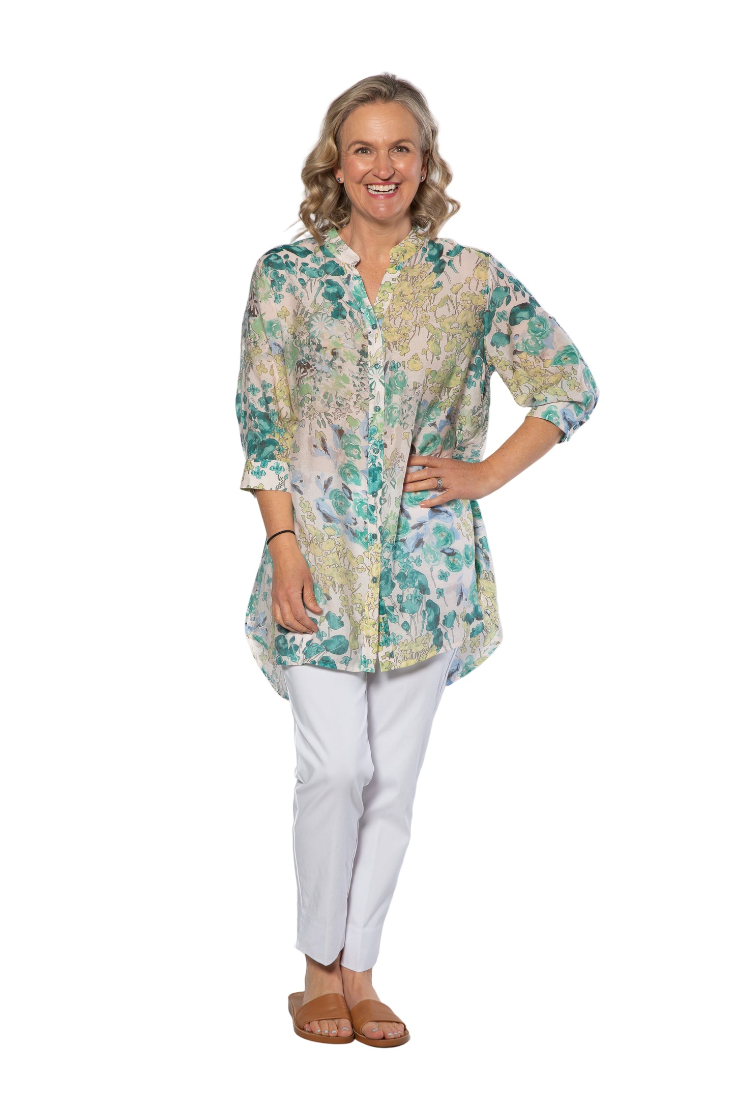 Soft Gorgeous Floral print Tab Sleeve Overshirt #3559  Green