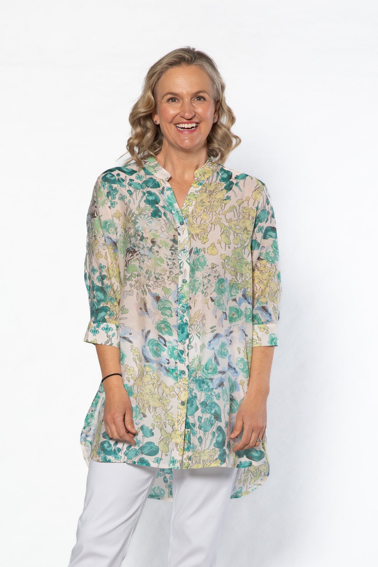 Soft Gorgeous Floral print Tab Sleeve Overshirt #3559  Green