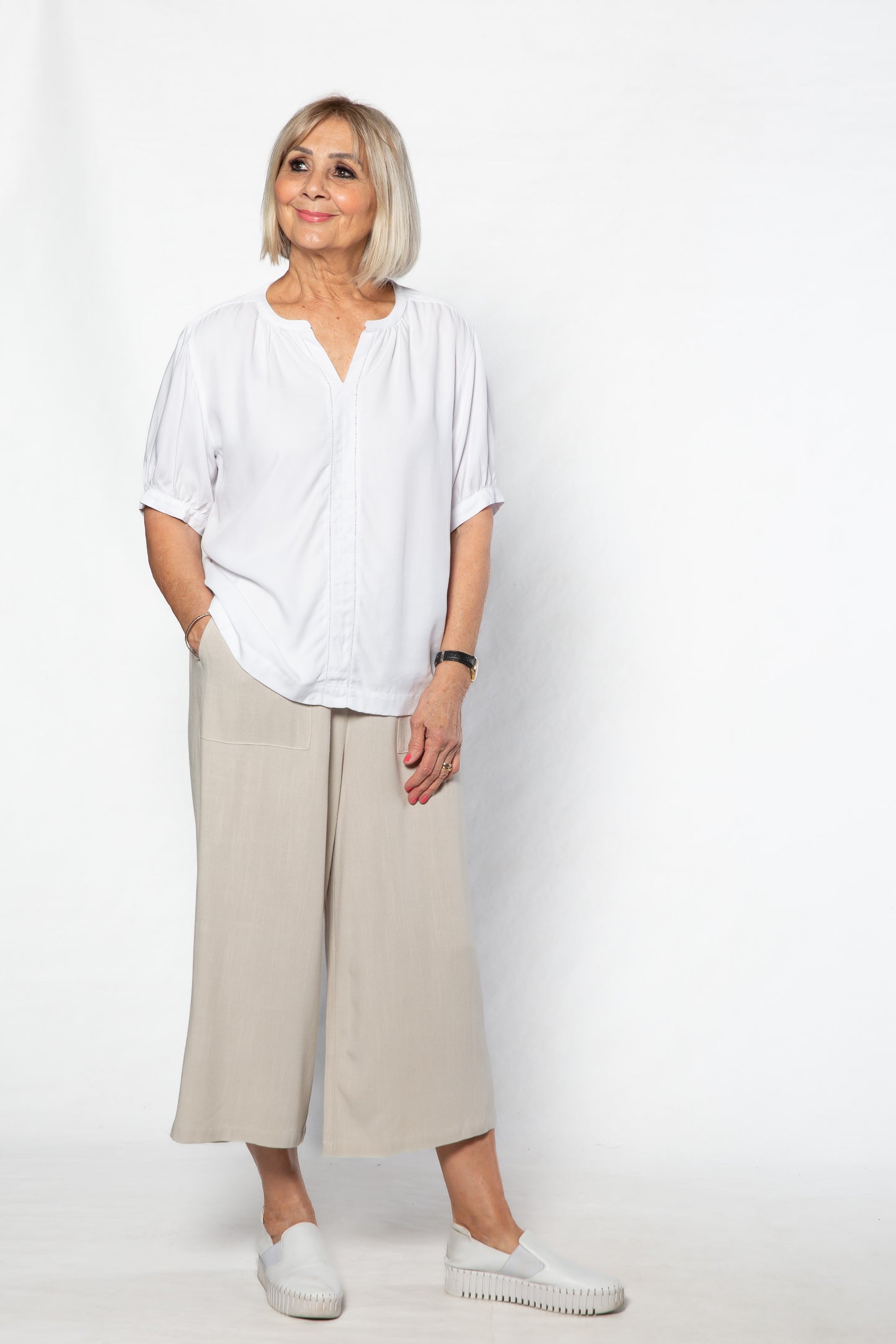 Soft Tencel Blend Pop Over Top with Fagotting Detail #515 White