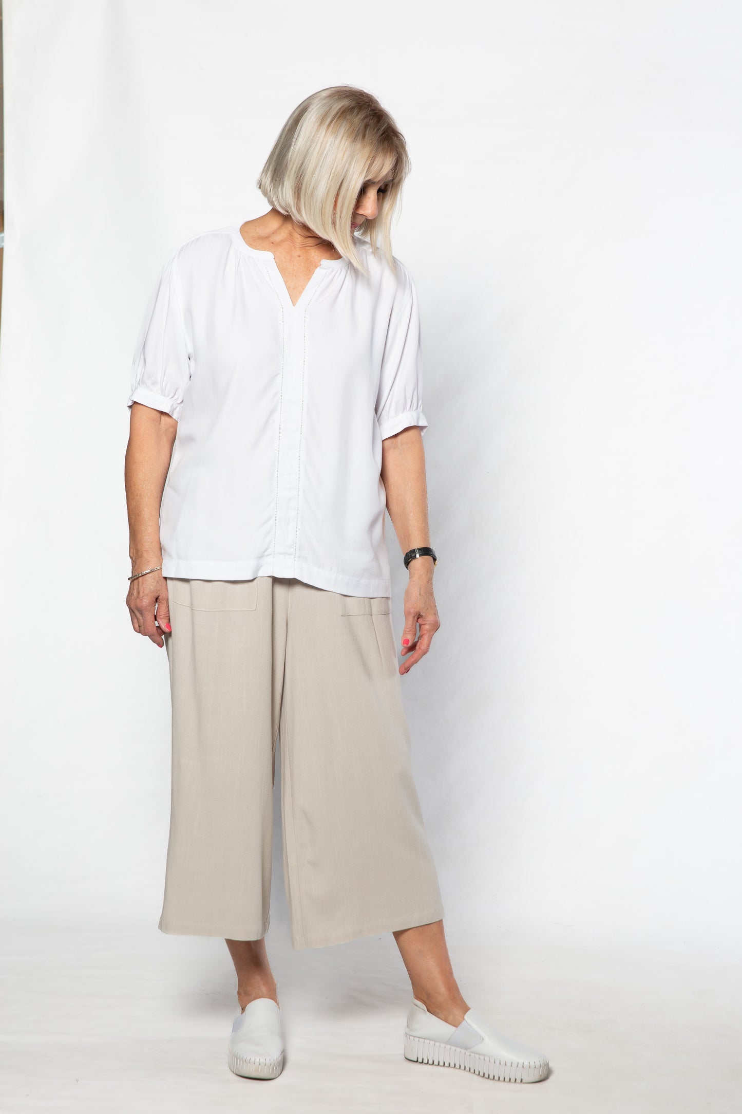 Soft Tencel Blend Pop Over Top with Fagotting Detail #515 White