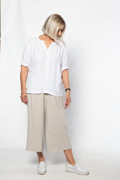 Soft Tencel Blend Pop Over Top with Fagotting Detail #515 White