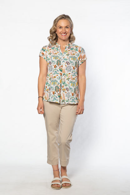 Mandarin Collar Cap Sleeve Pop-over Printed Top - 327 Multi