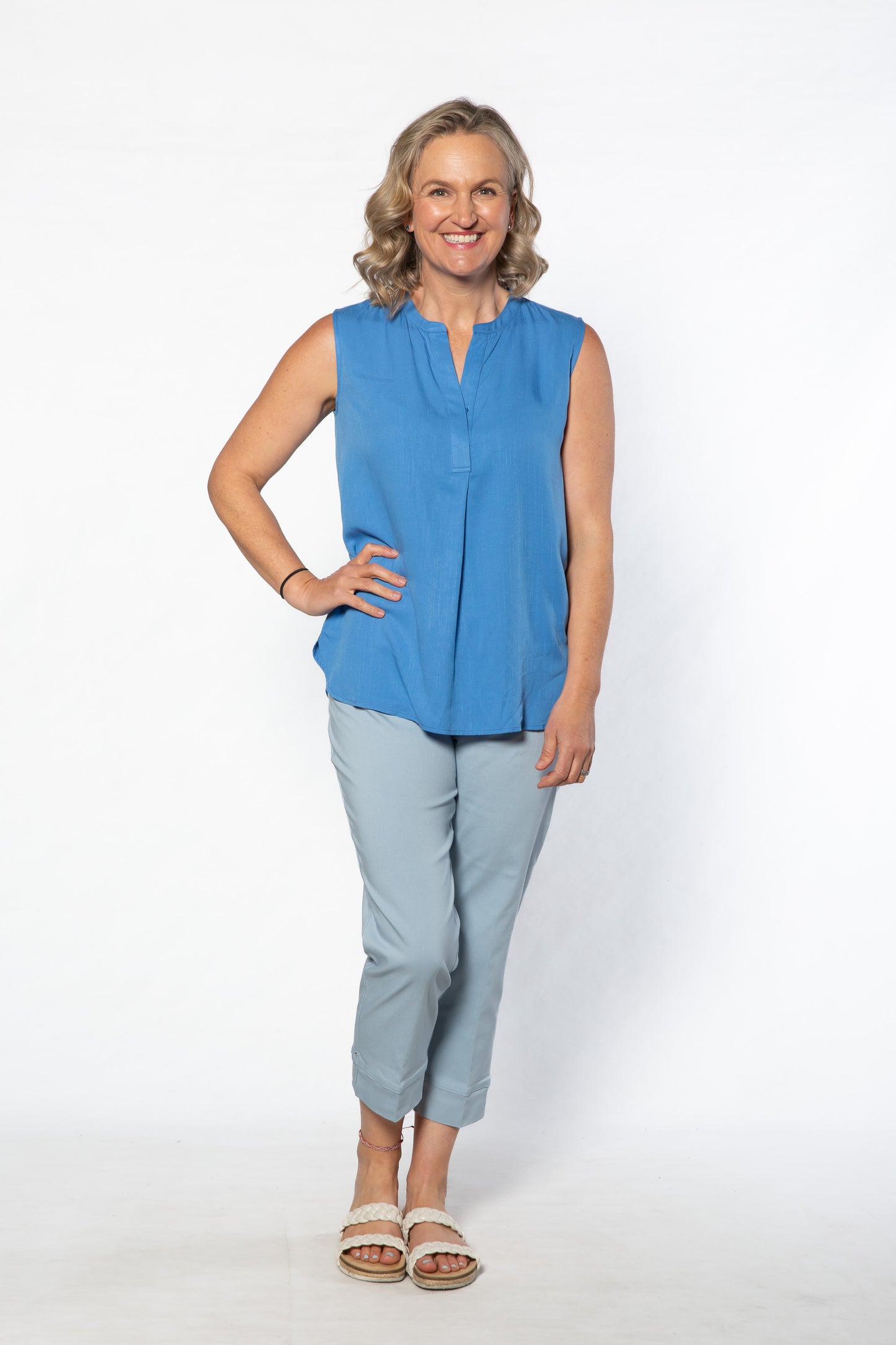Drop Neck Front Pleat Sleeveless Pop-over Top - #384 Blue