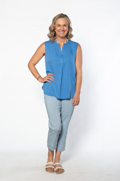 Drop Neck Front Pleat Sleeveless Pop-over Top - #384 Blue