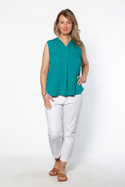 Drop Neck Front Pleat Sleeveless Pop-over Top - #384 Emerald