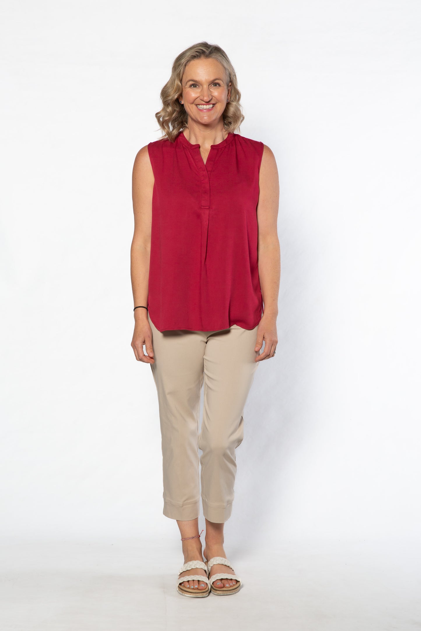 Drop Neck Front Pleat Sleeveless Pop-over Top - #384 Cherry